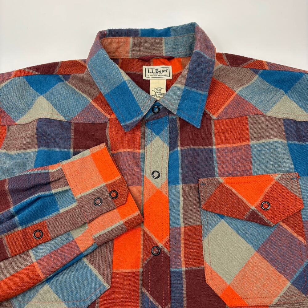 L.L. Bean Mens Large Orange Blue Plaid Check Long Sleeve Snap‎ Button Up Shirt